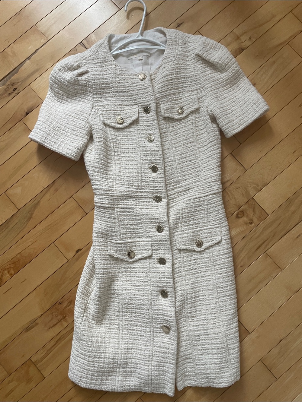 Maje Cream Tweed Button-Front Short Sleeve Dress